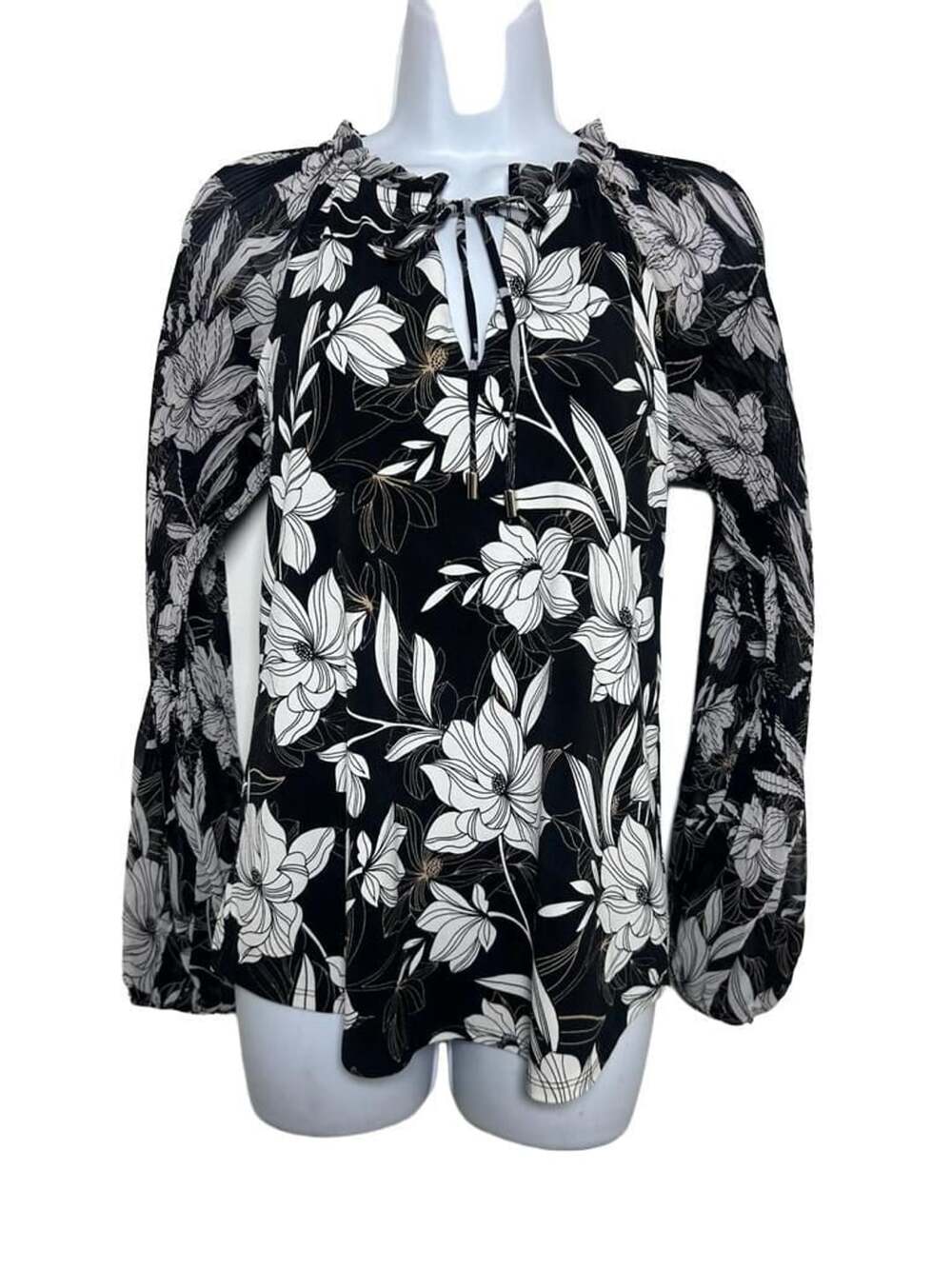 White House Black Market Blouse Size M Black White Floral Sheer Sleeve